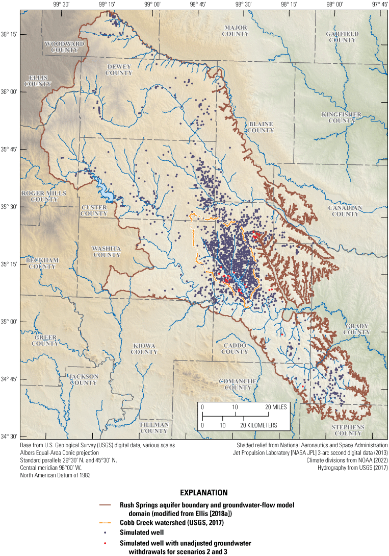Figure 11. Map of study area shows locations of groundwater withdrawal wells and wells
                        not scaled for scenarios 2 and 3.