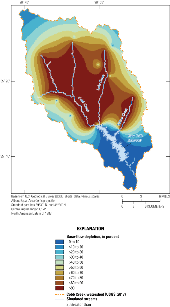Figure 18. Map shows base-flow depletions obtained from steady-state, base-flow-depletion
                           simulations for Cobb Creek watershed.