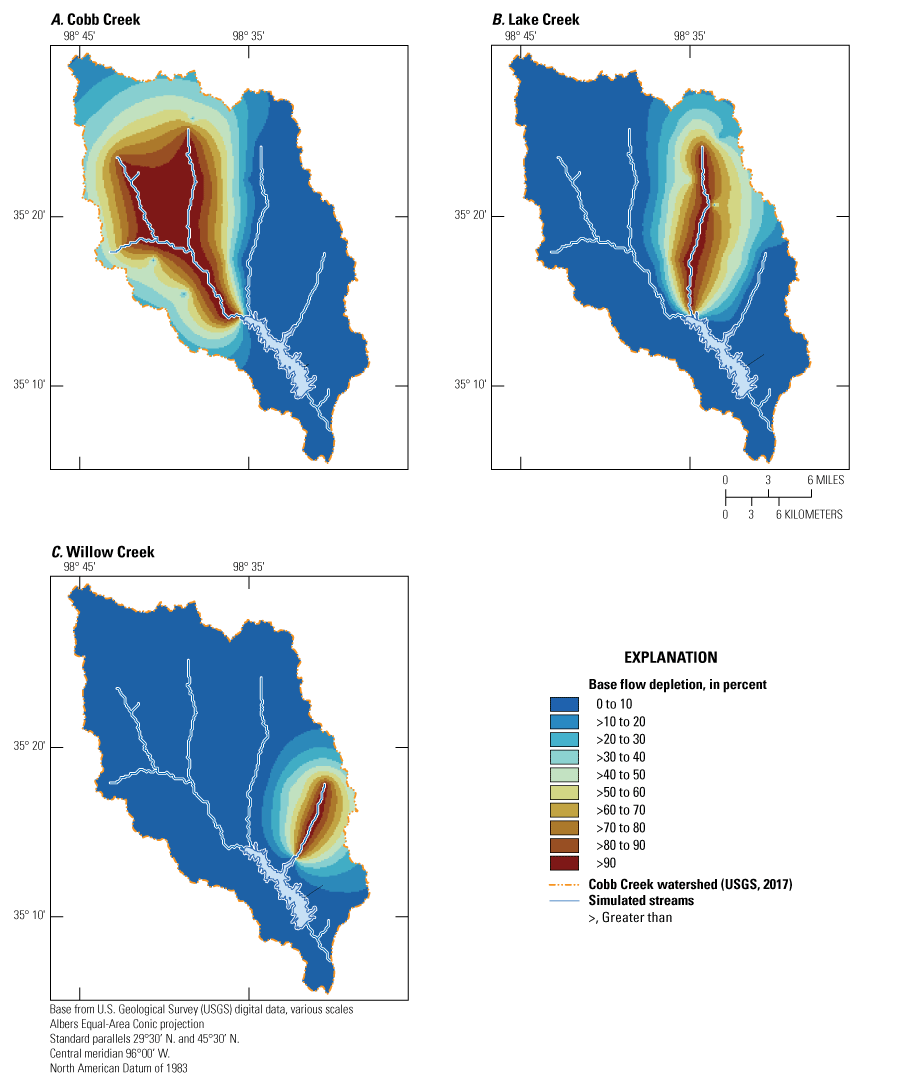 Figure 19. Maps show base-flow depletion simulations for Cobb, Lake and Willow Creeks
                           using total inflows to Fort Cobb Reservoir.