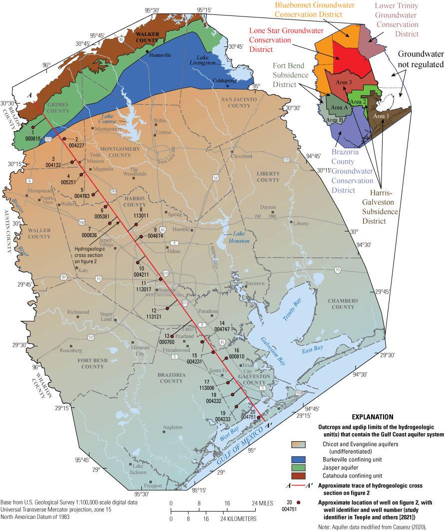 Map shows groundwater districts, cross section, outcrops and updip limits of Gulf
                     Coast aquifer system hydrogeologic units.
