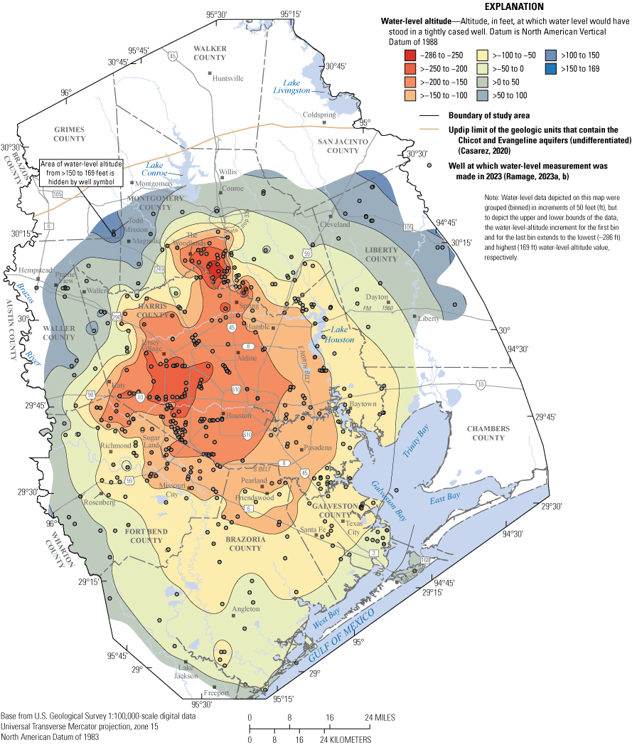 Map shows approximate 2023 water level altitudes in Chicot and Evangeline aquifers
                     (undifferentiated) in study area.