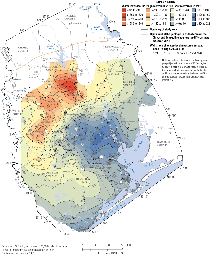 Map shows approximate 1977–2023 water-level changes in Chicot and Evangeline aquifers
                     (undifferentiated) in study area.