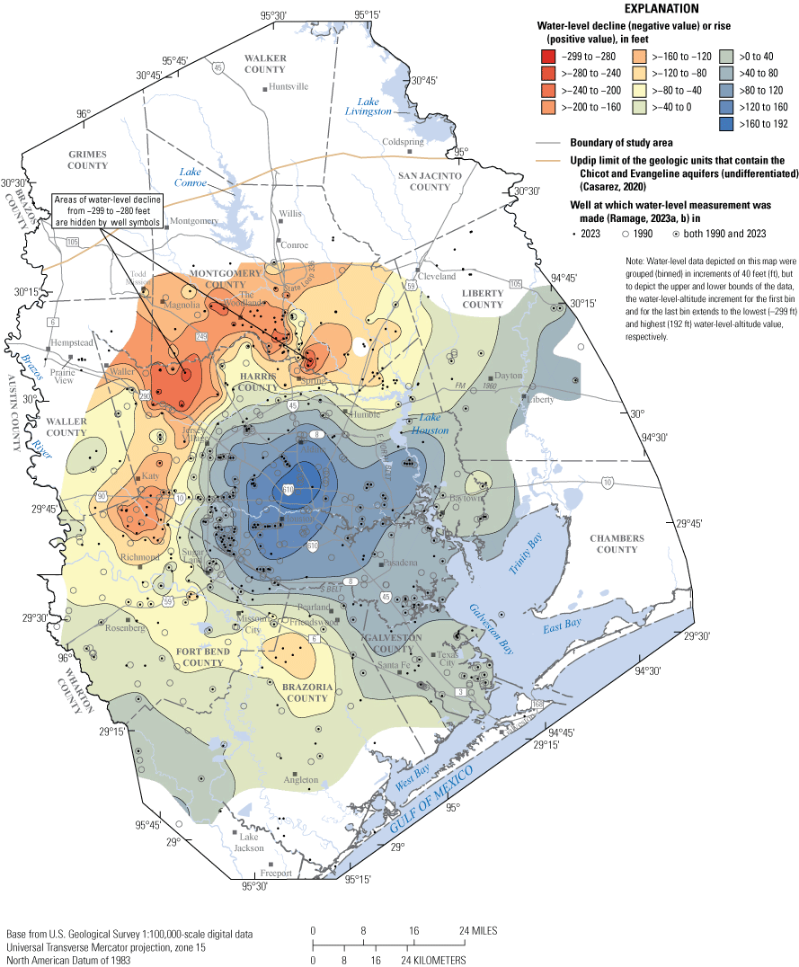 Map shows approximate 1990–2023 water-level changes in Chicot and Evangeline aquifers
                     (undifferentiated) in study area.