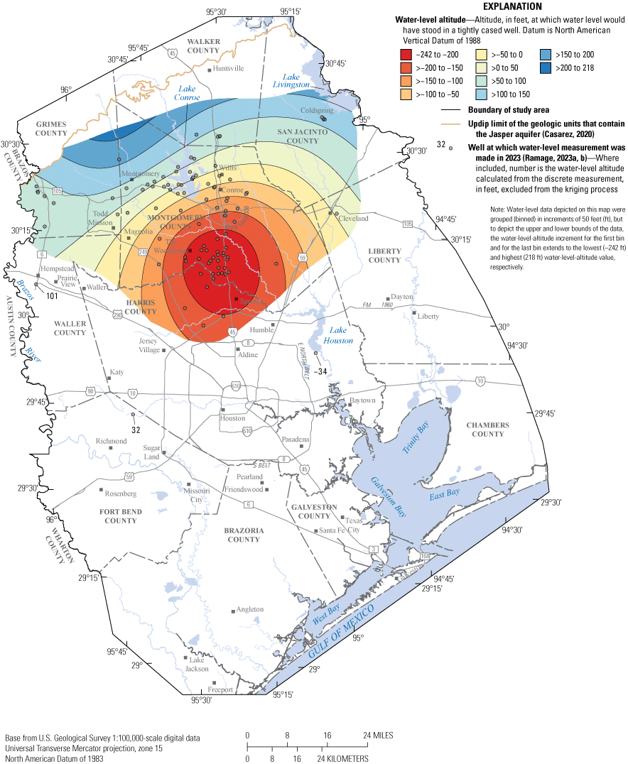 Map shows approximate 2023 water-level altitudes in Jasper aquifer, greater Houston
                     study area.