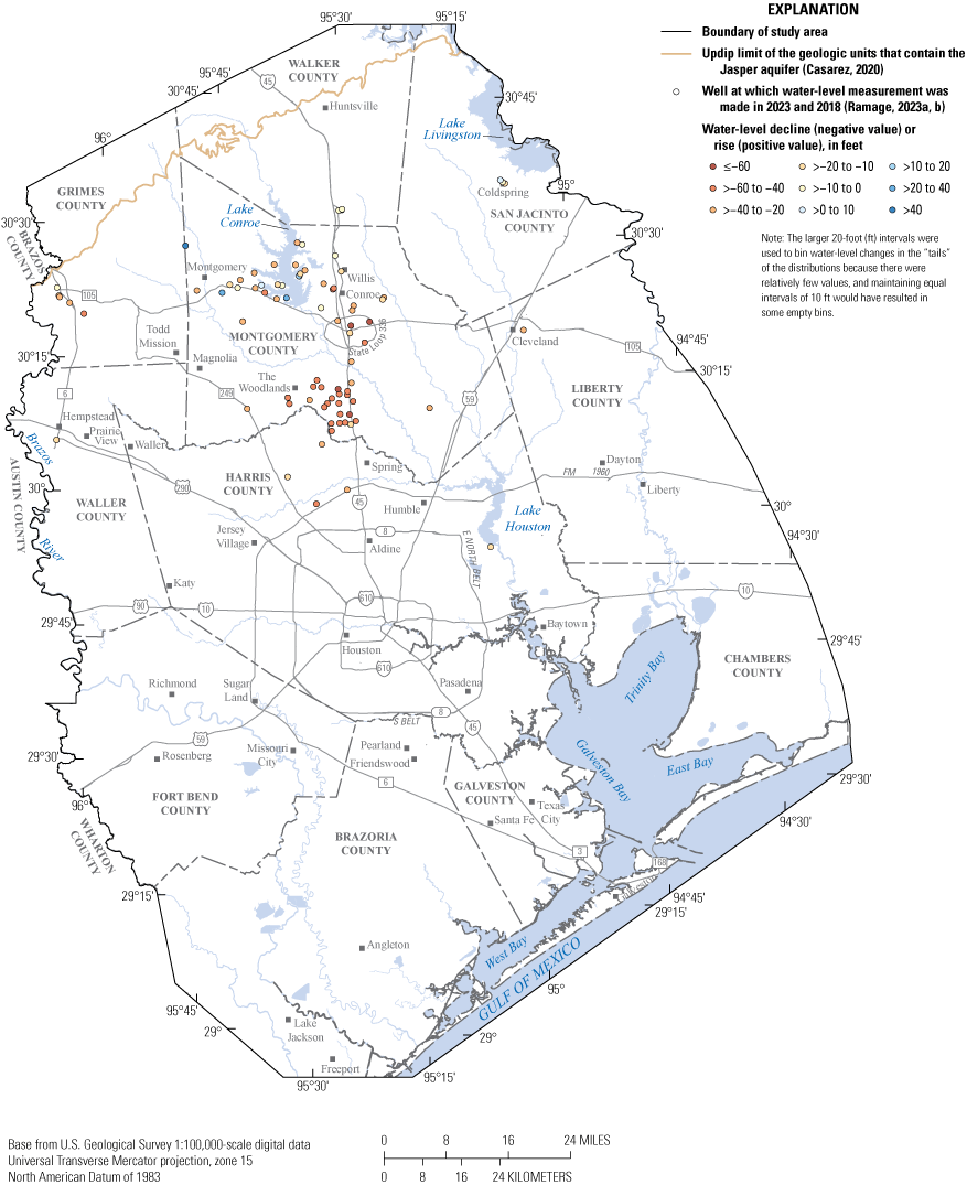 Map shows approximate 2018–2023 water-level changes at wells screened in Jasper aquifer,
                     greater Houston study area.