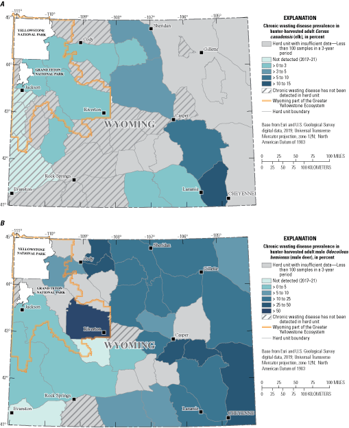 Most units with prevalence data saw less than zero to three percent in elk and less
                        than five to ten percent in mule deer.