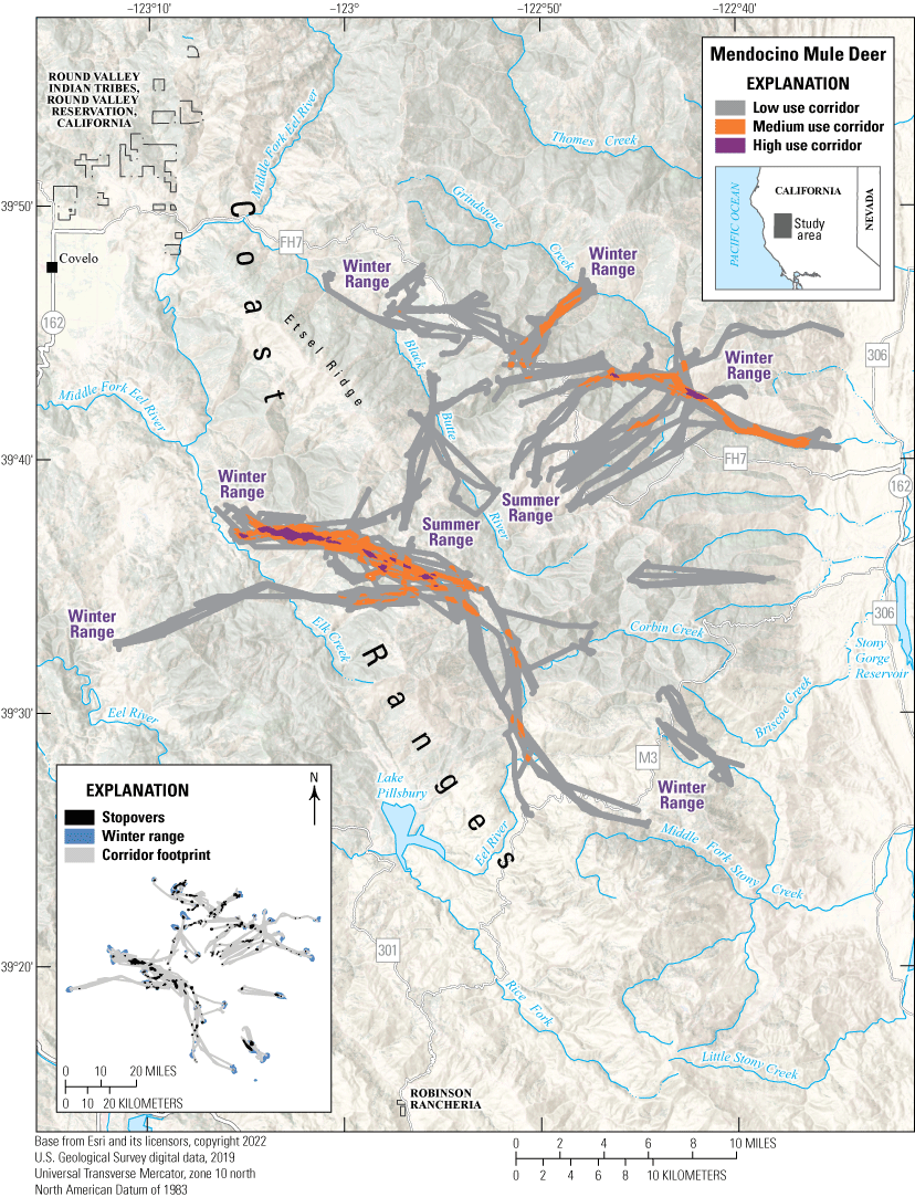 Most of the medium to high use corridors are in the northern Coast Range.