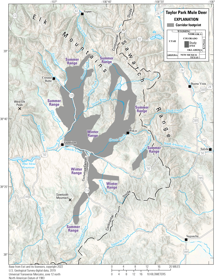 The migration footprint is west of the Sawatch Range and Continental Divide.