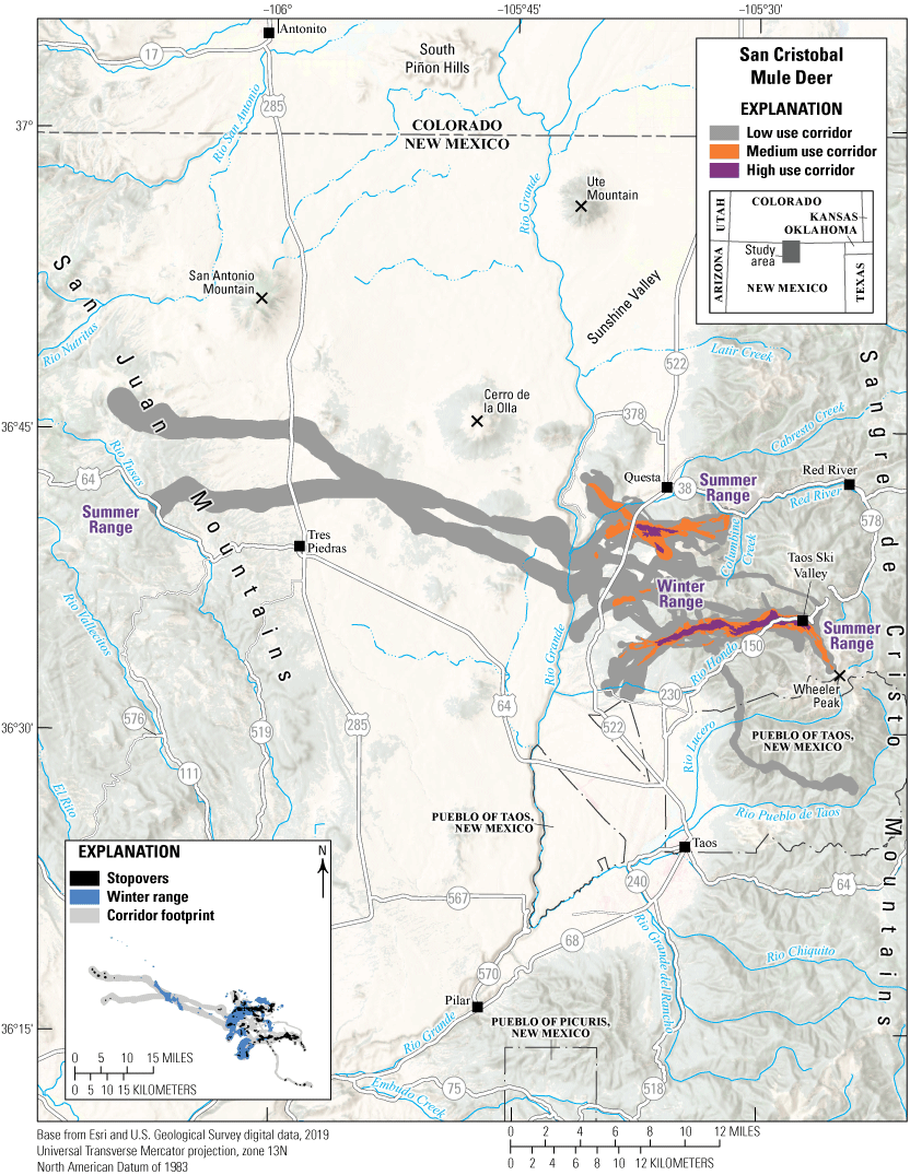 Medium and high use corridors are west of the Sangre de Cristo Mountains and north
                           of Taos Pueblo.