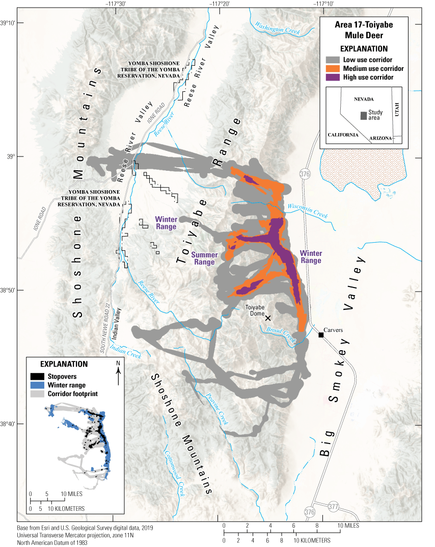 Corridors are between the Toiyabe Range and the Big Smokey Valley.