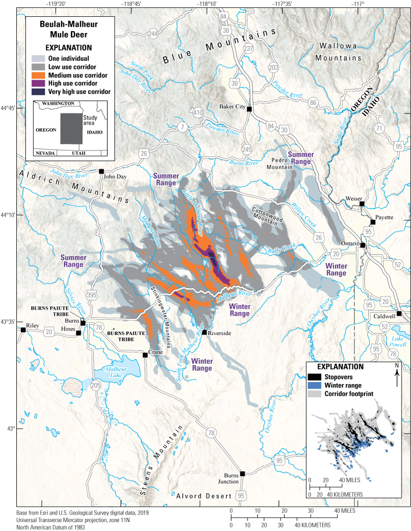 Except for the very high use corridor, low, medium, and high use corridors are close
                           to or overlap U.S. Highway 20.