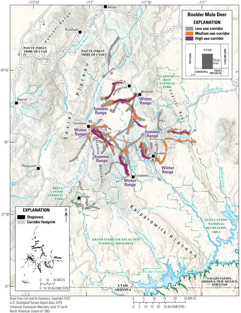 Low, medium, and high use corridors are surrounded by and overlap multiple highways
                           in all directions.