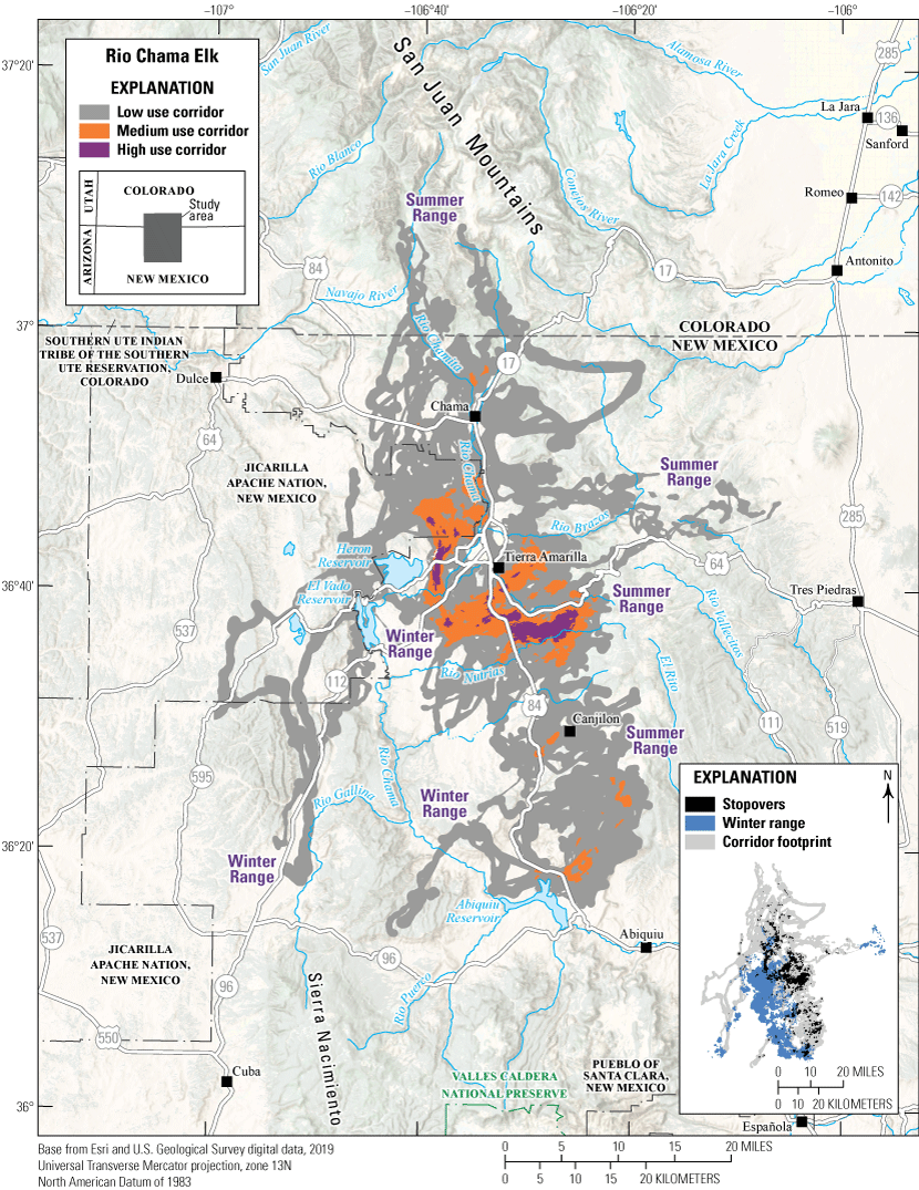 Medium and high use migration corridors surround a major highway interchange near
                           Tierra Amarilla.