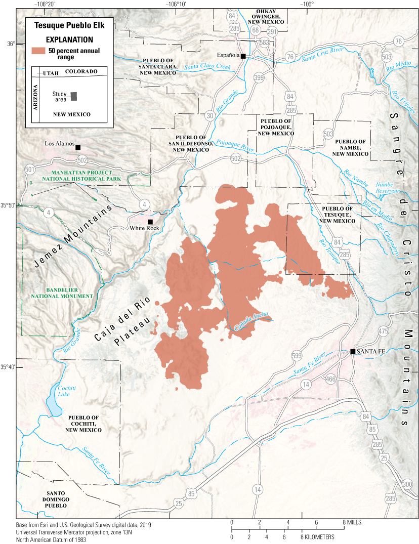 Only a small western part of the annual range overlaps slightly with U.S. Highways
                           84 and 285 to the north of Santa Fe.