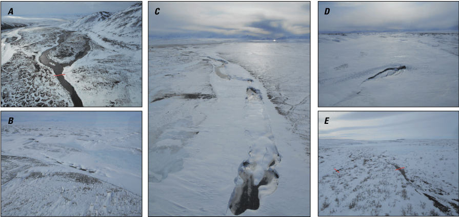 Each image shows snowy landscapes, with varying amounts of limited surface water in
                        channels or holes in the ice and snow.