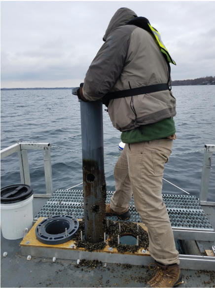 A USGS employee is standing on a platform and lifting the sensor well out of its hole
                        in the platform. Dreissenid mussels surround the bottom of the well and the hole of
                        the well next to it that was removed previously.
