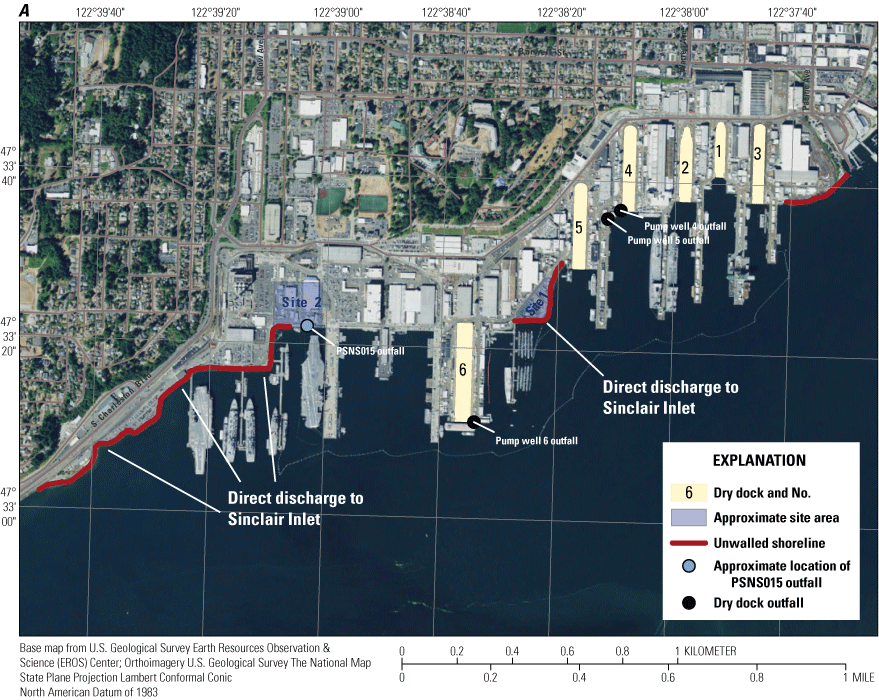 Sites with known contaminated soils are adjacent to unwalled shorelines and appear
                     outside the capture zone of dry dock pumps.