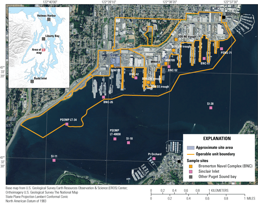Terrestrial locations are mostly in the central and nearshore portion of the Bremerton
                           Naval Complex.