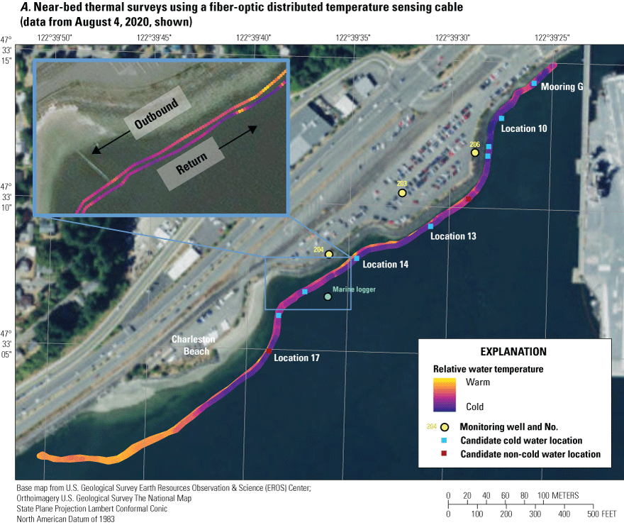 Cold water locations were found under piers, along a protected segment of shoreline
                           near monitory well 206, and on either side of an outfall pipe near Charleston Beach.