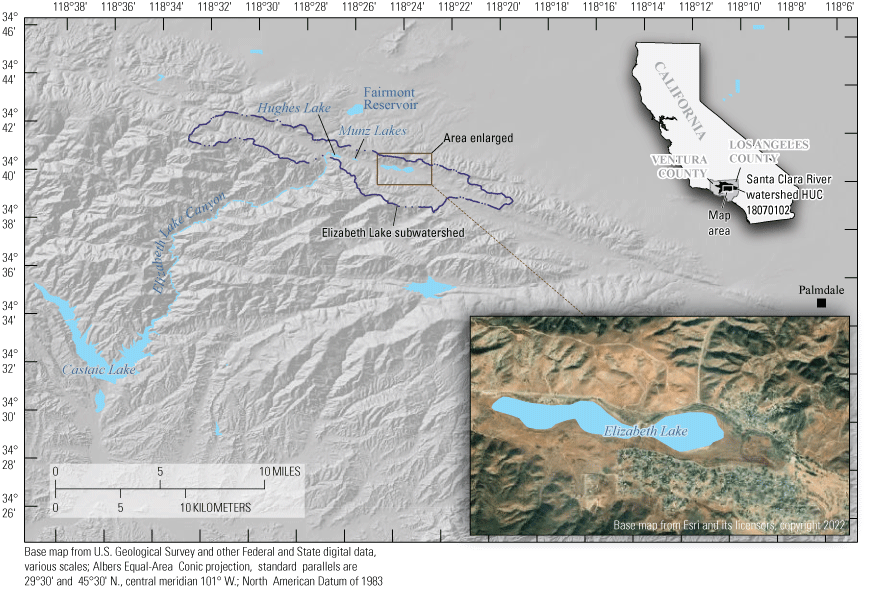 1. The three lakes, Elizabeth Lake, Munz Lakes, and Hughes Lake, are labeled from
                     right to left on a map.