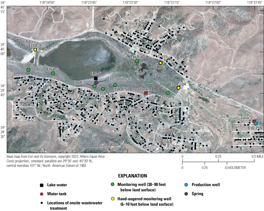 3. Elizabeth Lake, sampling locations, and on-site wastewater treatment locations.