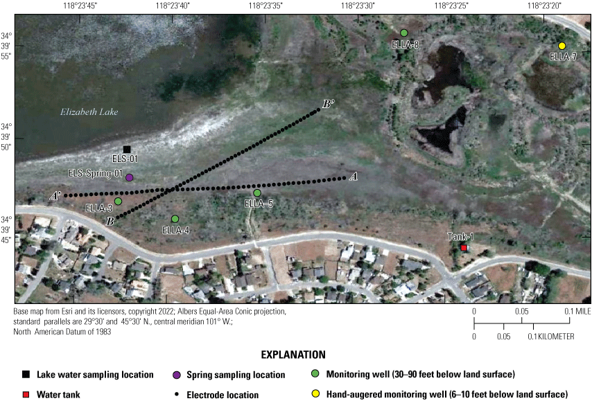 5. Wells, a spring, and transect lines used to measure resistivity tomography.