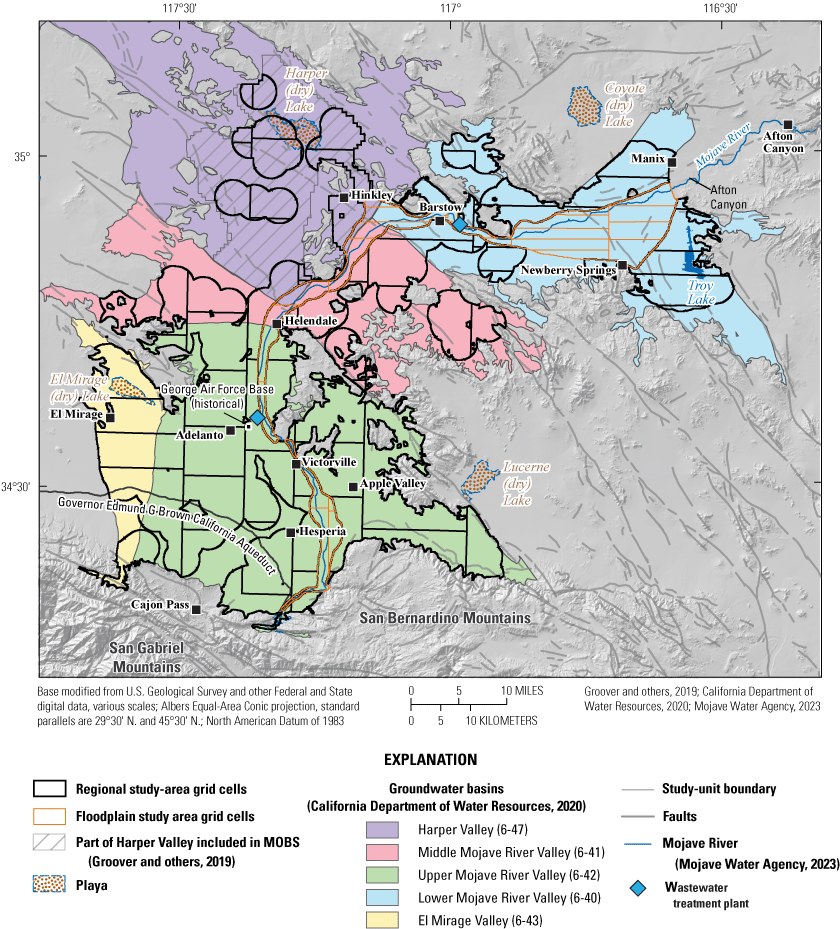 2.	Outlines of the Mojave Basin Domestic-Supply Aquifer study unit and the two different
                     study areas within the study unit, and colored areas showing the groundwater basins.
                     Cities and geographic features of interest are annotated on the map.
