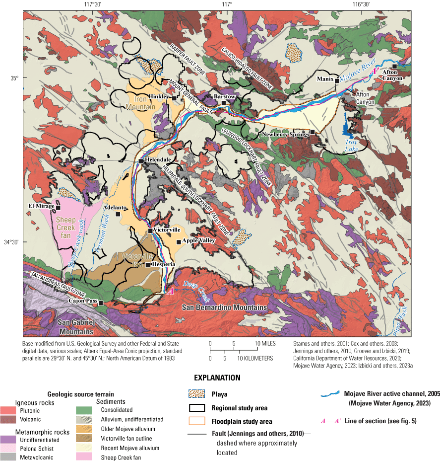 3.	The western Mojave Desert region. Colors show different rock types. The Mojave
                     Basin study unit is outlined on the map, and regional fault zones also are shown.
                     Major alluvial fans at the southern edge of the study unit are labeled.