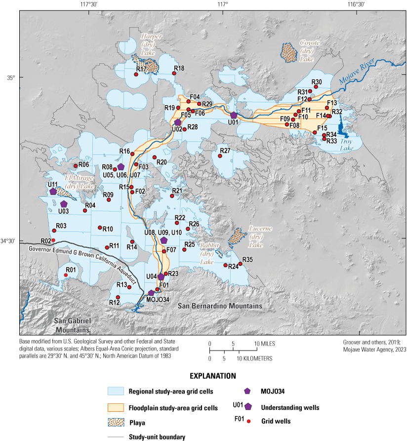 5.	The Mojave Basin study unit boundary, and colored areas showing the boundaries
                     of the two study areas. Sampled well locations are shown by small, filled circles,
                     and labeled with study identifiers.