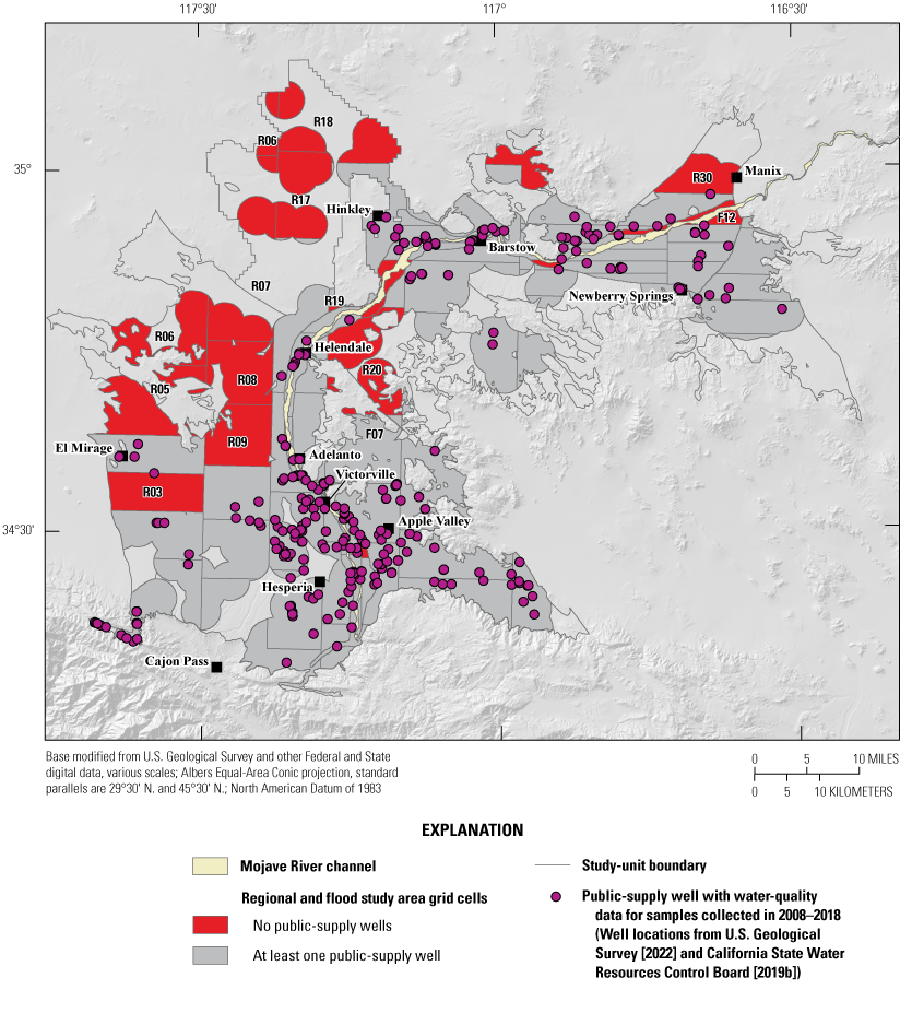 12.	A map showing the outlines of the two study areas, and the locations of public-supply
                     wells (filled circles) used for comparison in this report. Grid cells without public-supply
                     wells are indicated with grid number labels and a different fill color.