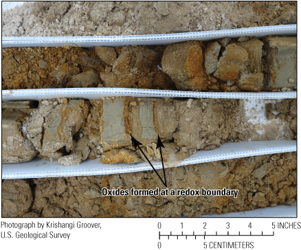 15.	Photograph of a sediment core. Gray/blue/green layers are generally reduced and
                        finer-grained, red layers are oxides, and tan is coarse river sand.