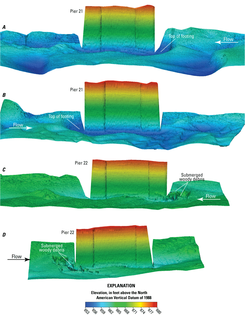 Visualization of channel bottom and sides of piers at Missouri Highway 13 bridge over
               the Missouri River at Lexington.