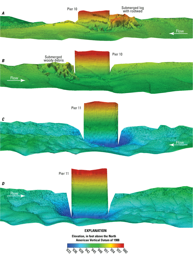 Visualization of channel bottom and sides of piers at U.S. Highway 24 bridges over
               the Missouri River at Waverly.