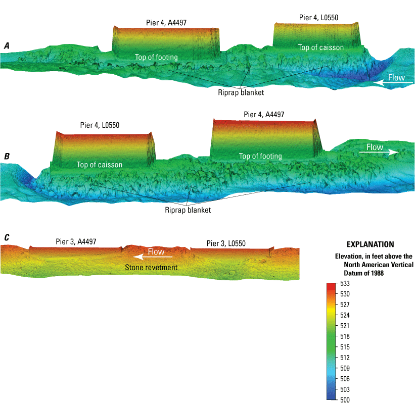 Visualization of channel bottom and sides of piers at U.S. Highway 54 bridge over
               the Missouri River at Jefferson City.