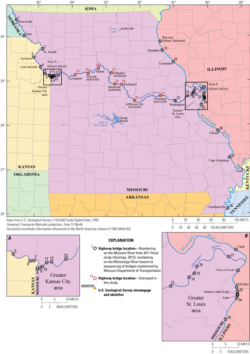 The Missouri and Mississippi Rivers in Missouri with bridge locations marked.