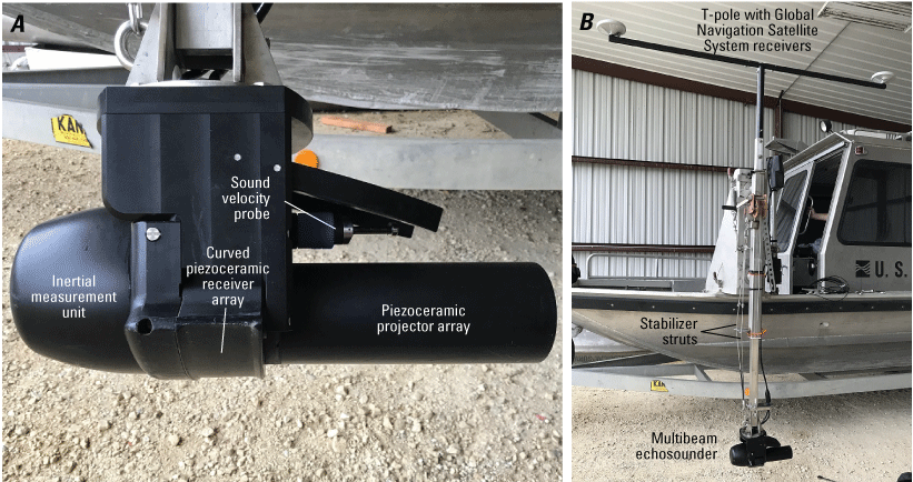 Photographs of the multibeam echosounder on the boat.