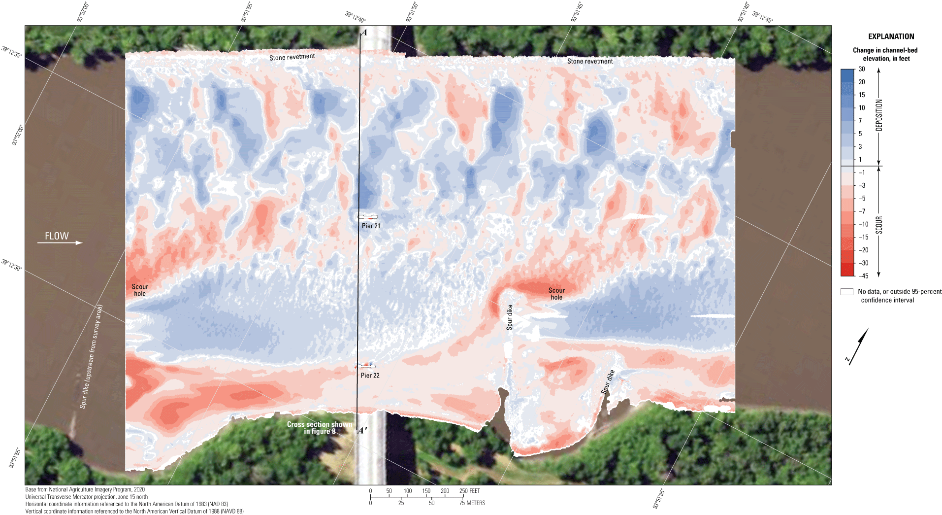 Difference between surveys at the Missouri Highway 13 bridge at Lexington on May 19,
                        2021, and May 23, 2017.