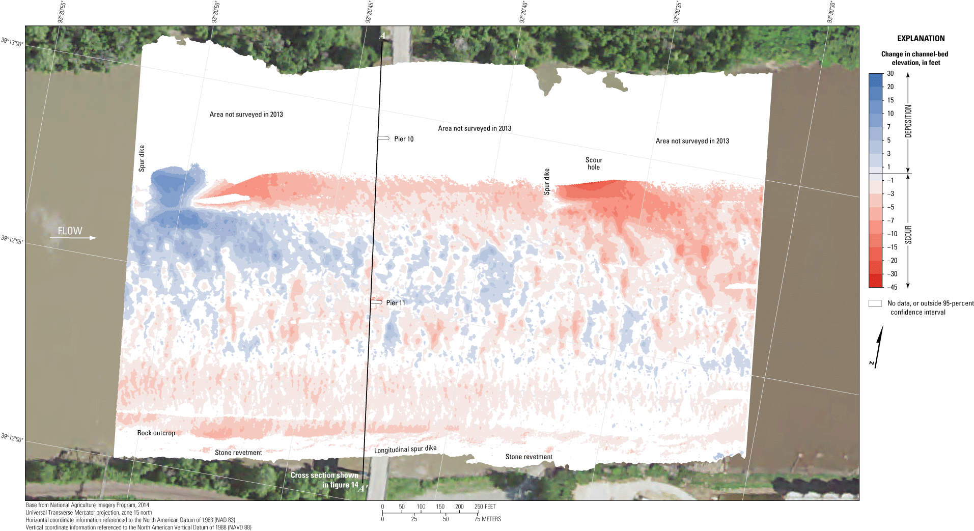 Difference between surveys at the U.S. Highway 24 bridge at Waverly on May 20, 2021,
                        and April 25, 2013.