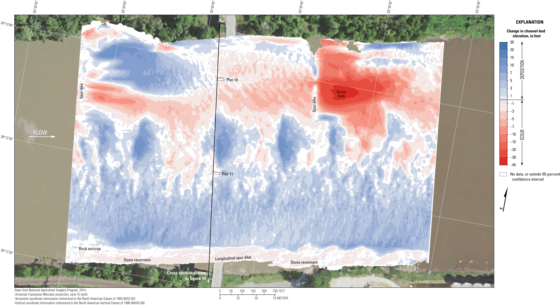 Difference between surveys at the U.S. Highway 24 bridge at Waverly on May 20, 2021,
                        and July 21, 2011.