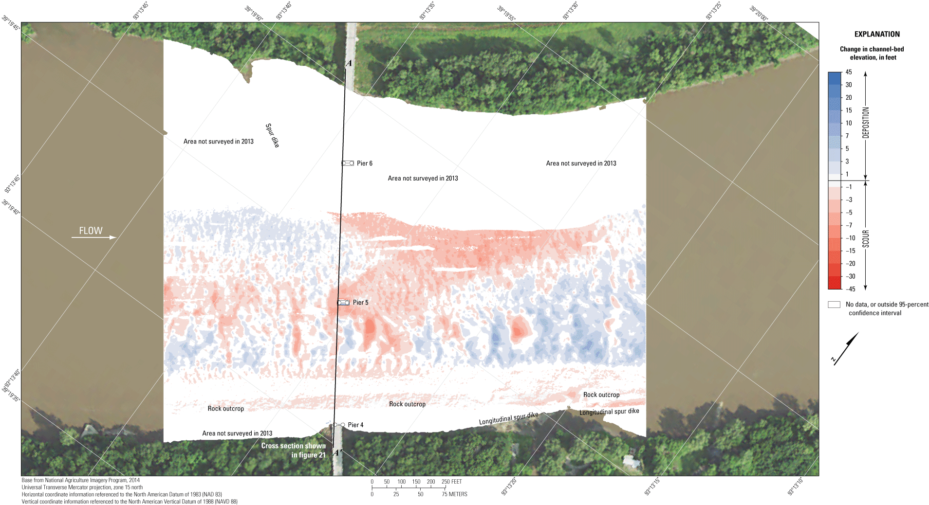 Difference between surveys at the Missouri Highway 41 bridge at Miami on May 20, 2021,
                        and April 25, 2013.