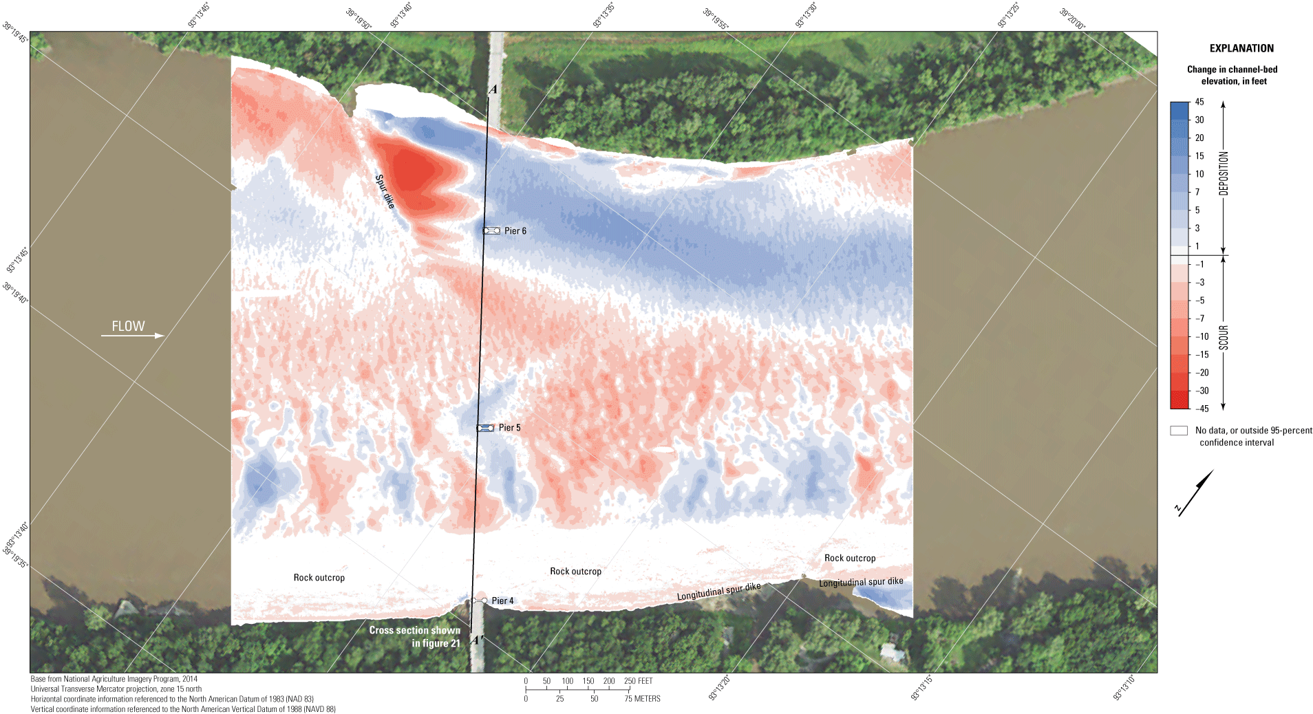 Difference between surveys at the Missouri Highway 41 bridge at Miami on May 20, 2021,
                        and July 21, 2011.