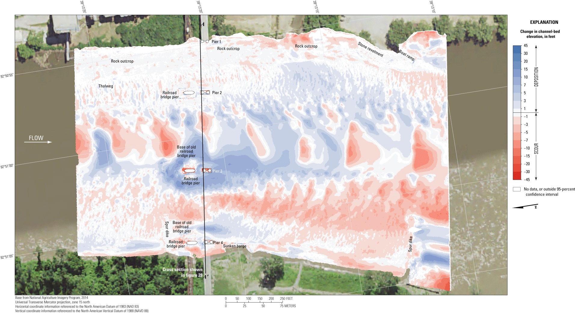 Difference between surveys at the Missouri Highway 240 bridges at Glasgow on May 20,
                        2021, and May 24, 2017.