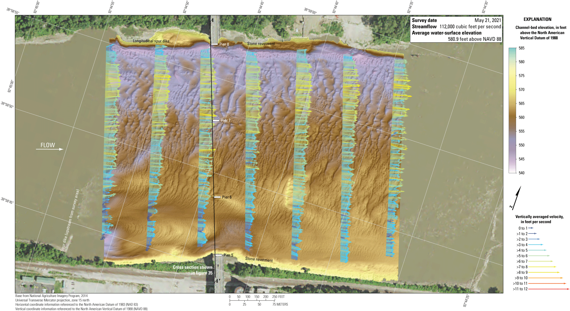 The Missouri River channel bottom at the Missouri Highway 5 bridge at Boonville on
                        May 21, 2021, with overlain velocity vectors.