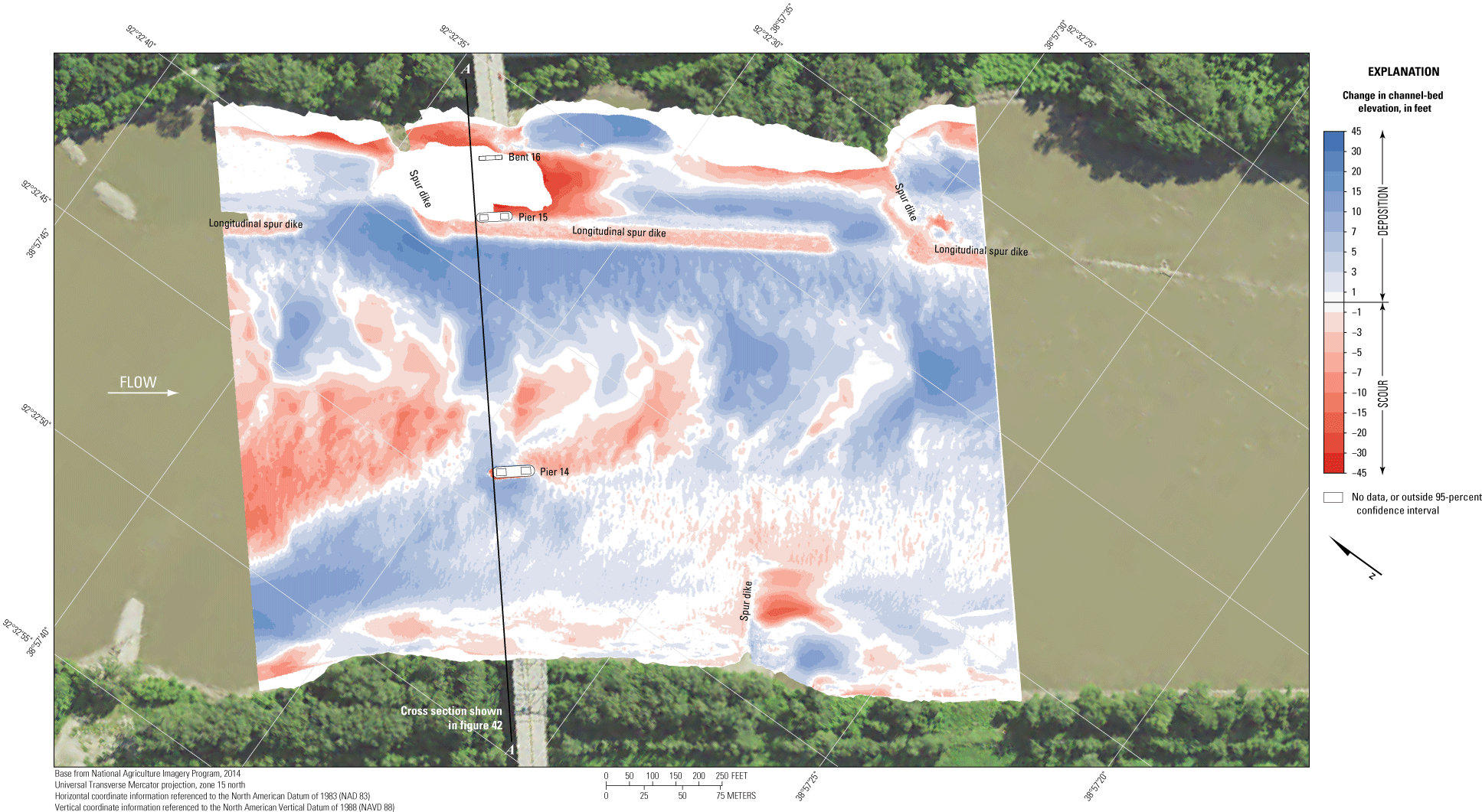 Difference between surveys at the Interstate 70 bridge near Rocheport on May 21, 2021,
                        and July 26, 2011.