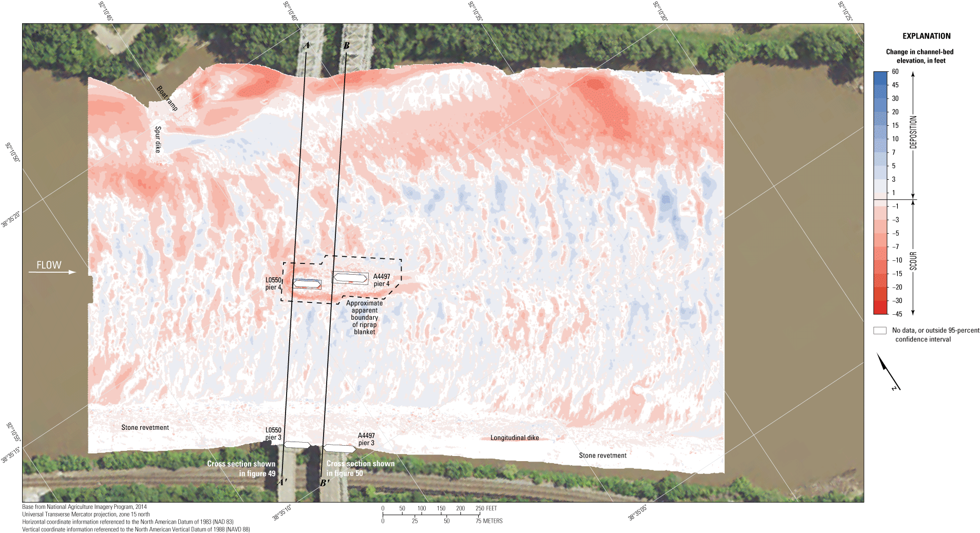 Difference between surveys at the U.S. Highway 54 bridges at Jefferson City on May
                        26, 2021, and May 31, 2017.