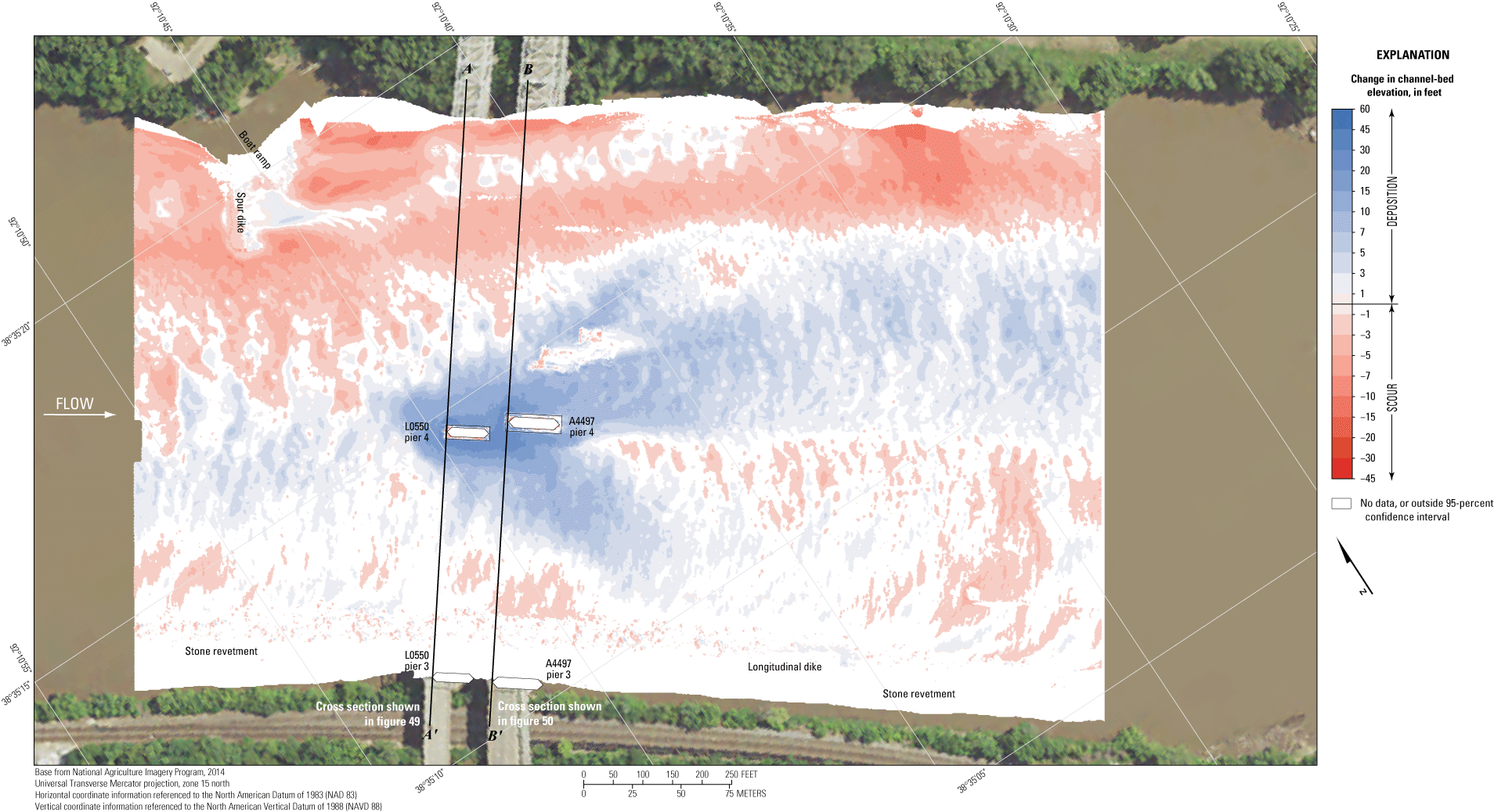 Difference between surveys at the U.S. Highway 54 bridges at Jefferson City on May
                        26, 2021, and April 30, 2013.