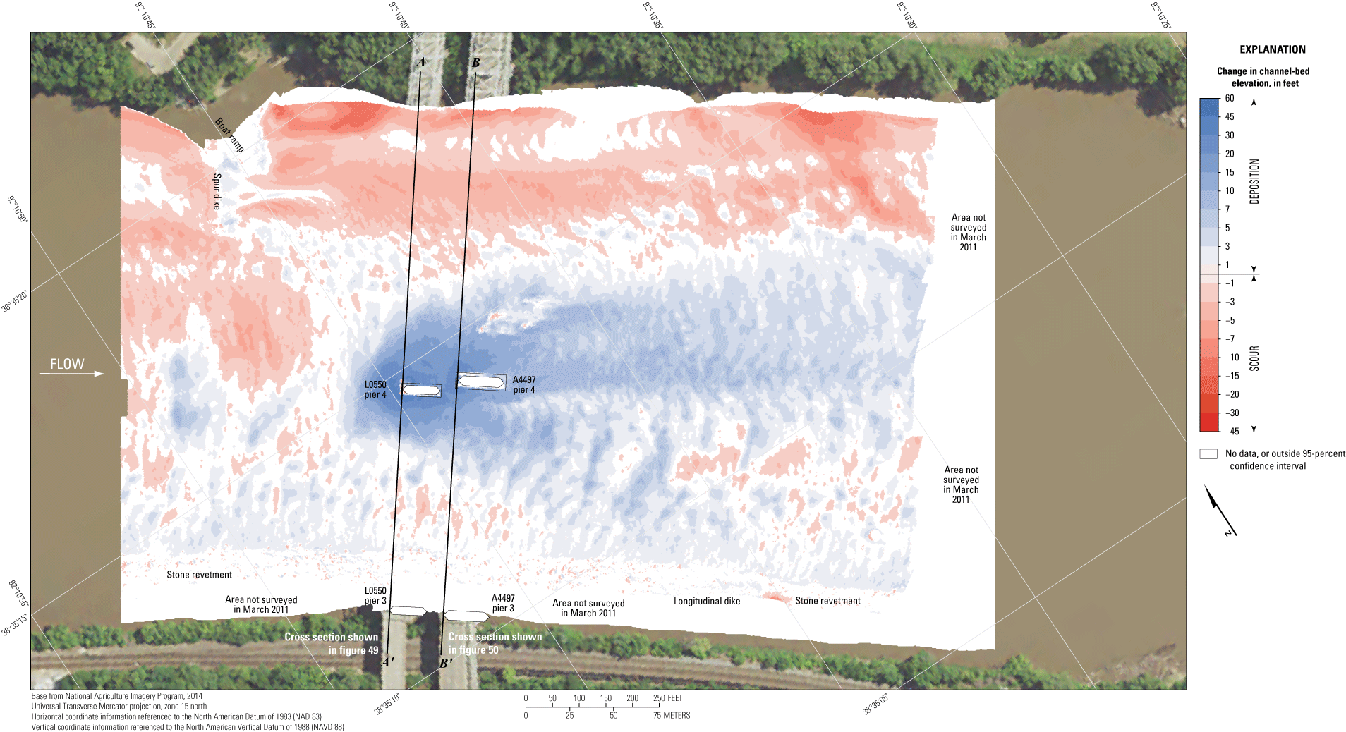 Difference between surveys at the U.S. Highway 54 bridges at Jefferson City on May
                        26, 2021, and March 1, 2011.