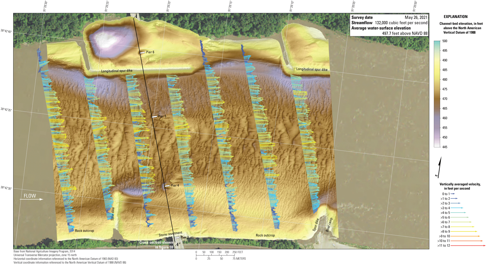 The Missouri River channel bottom at the Missouri Highway 19 bridge at Hermann on
                        May 26, 2021, with overlain velocity vectors.