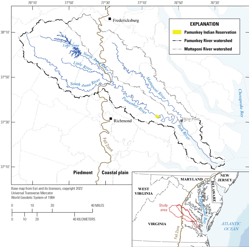 The Pamunkey Indian Reservation is at the bottom right of the Pamunkey River watershed,
                     which neighbors the Mattaponi River watershed, and they confluence to form the York
                     River watershed