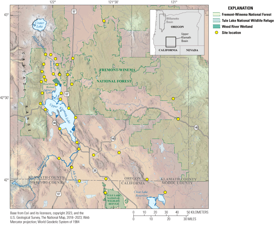 1. Map showing sampling site locations along with county boundaries, major roads,
                        lakes, rivers, National refuge, and forest, as well as Wood River wetland.